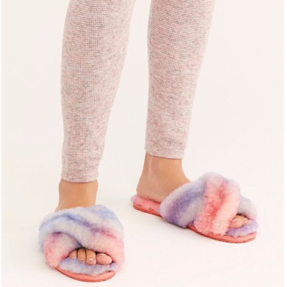 EMU AUSTRALIA Cozy Mayberry Tie Dye Crossover Straps Slippers Pink Navy Sz.9